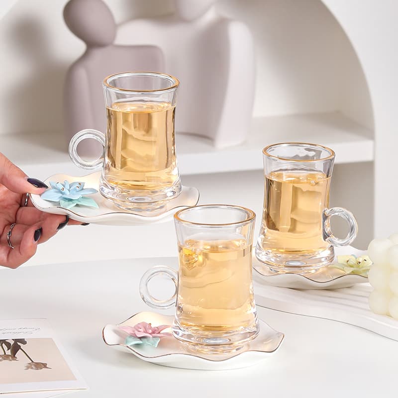 Turkish coffee cup set for home afternoon tea glass tea cup European water tea cup hand pinch flower glass black tea cup