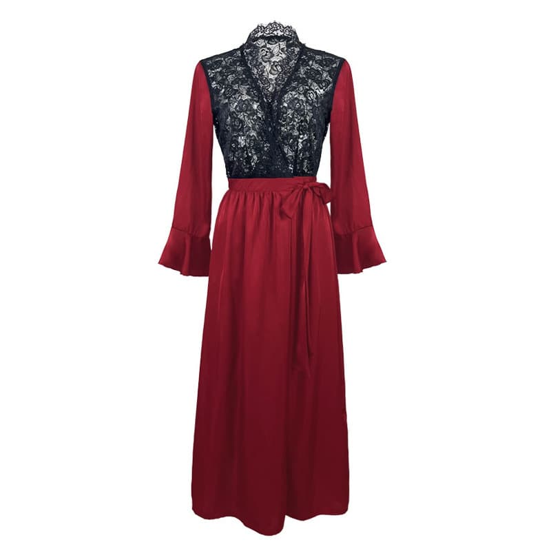 French Light Luxury Lace Trim Long Robe V-Neck Flared Sleeve Tie Waist Morning Gown Elegant Loungewear 522