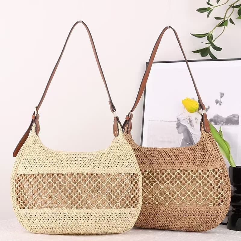 Woven bag women's 2025 spring new fashion large-capacity beach bag casual simple straw bag crossbody bag