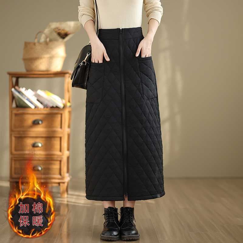 Winter Cotton Midi Skirt High-Waisted Plus Size Extra Long Windproof Warm Quilted Cotton Skirt A-Line Thickened Extra Long Zipper Skirt