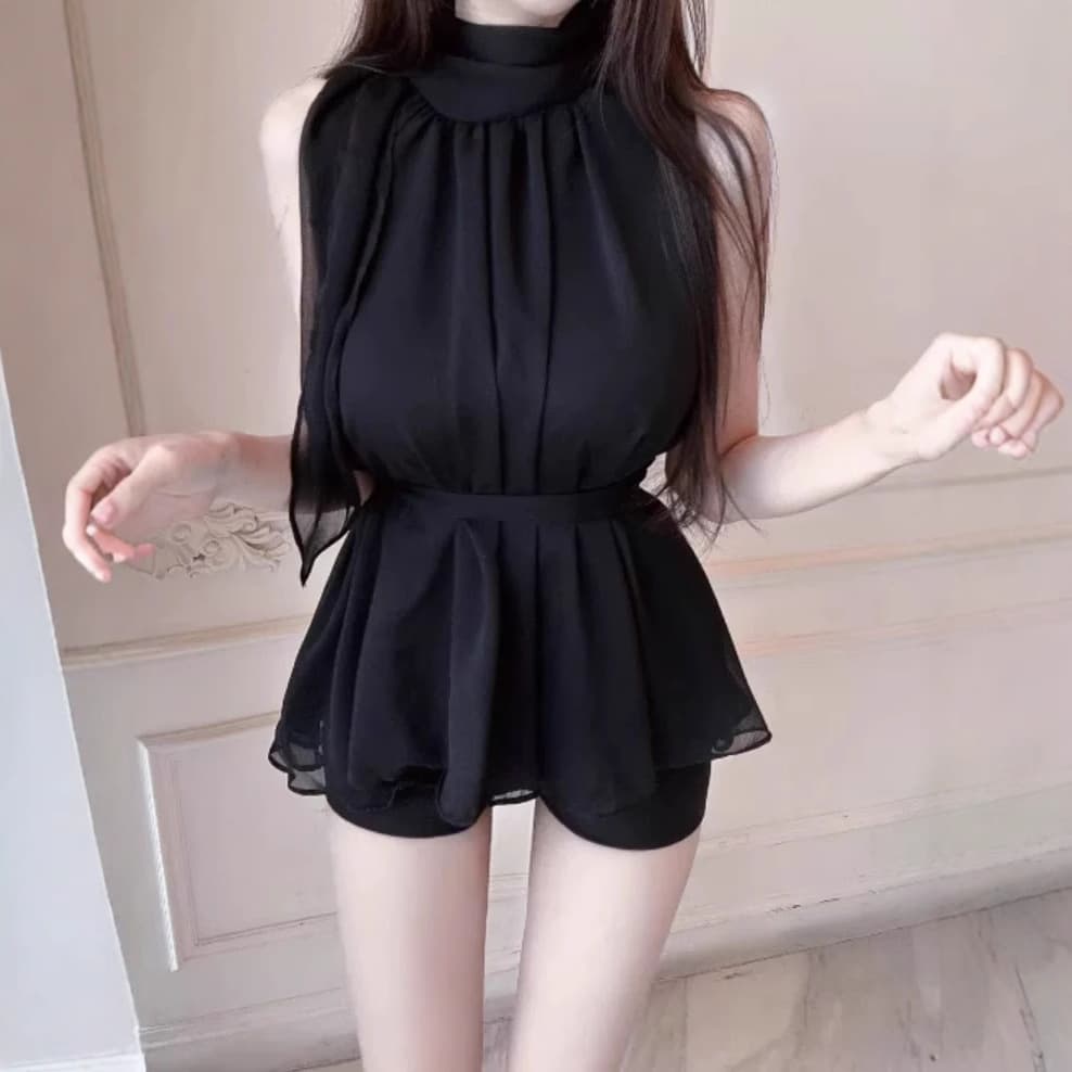 Korean Dongdaemun New Arrival Spring New Style Pure Sweet Gentle Halter Sleeveless Chiffon Blouse