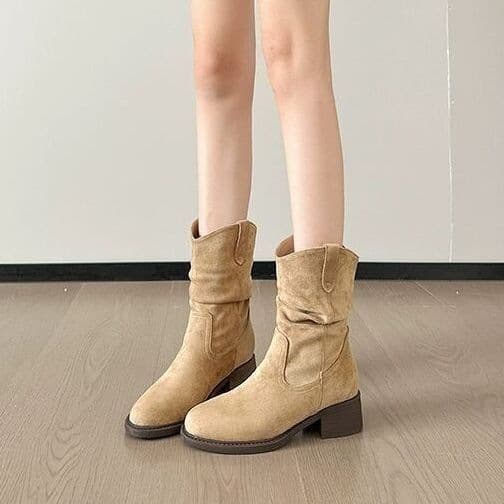 Women's ankle boots, chunky heel, mid-calf slouch boots, women's summer 2025 new autumn style, Merard Western cowboy Martin boots