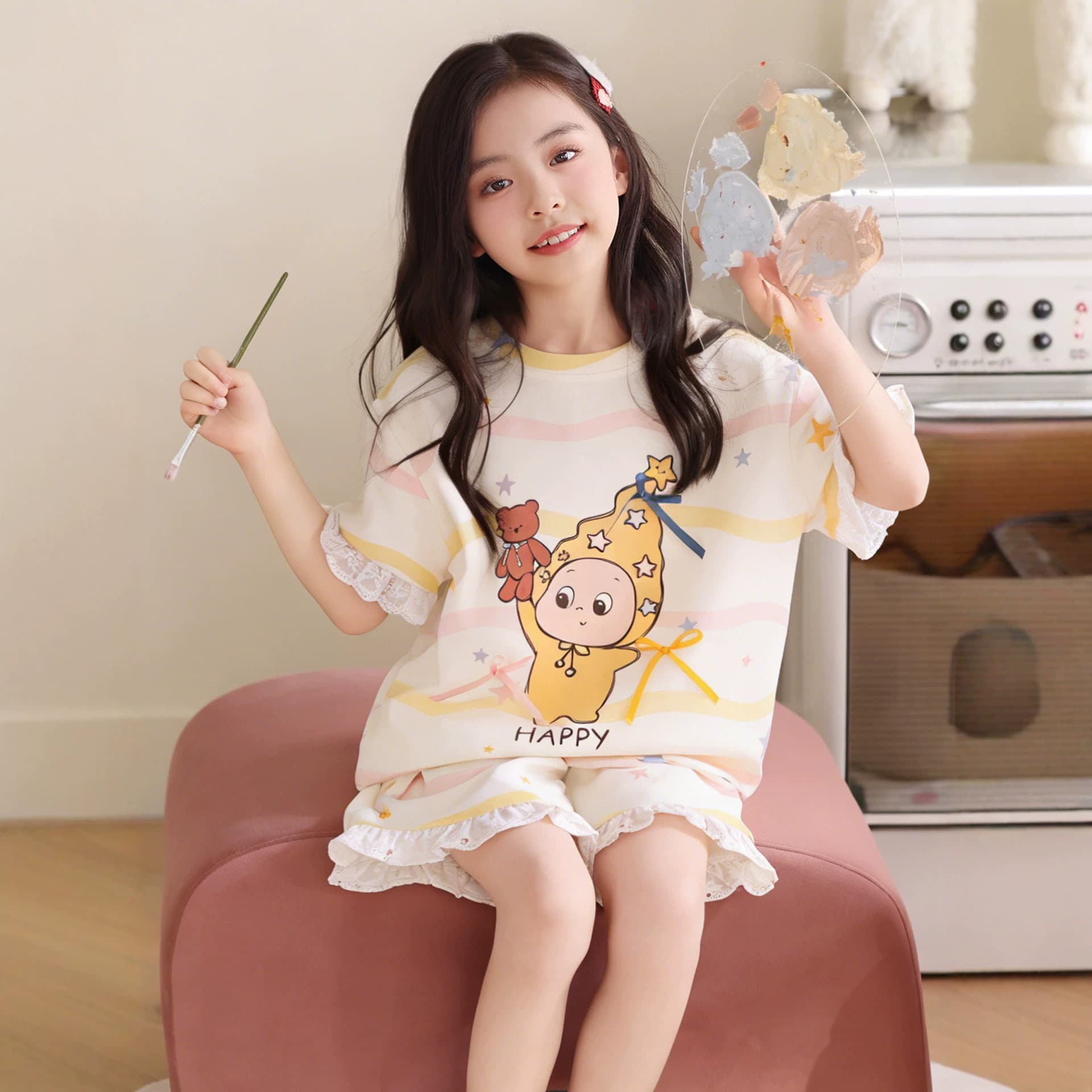2026 New Girls Pajamas Summer Pure Cotton Short Sleeve Thin Children Little Girls Popular Home Clothes Summer Suit