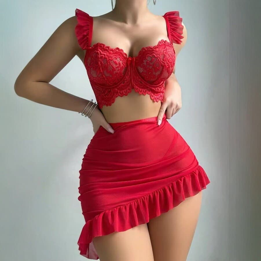 European and American Lace See-Through Lingerie Set for Women, Push-Up and Slimming Mesh Skirt, Pure and Sexy Two-Piece Set