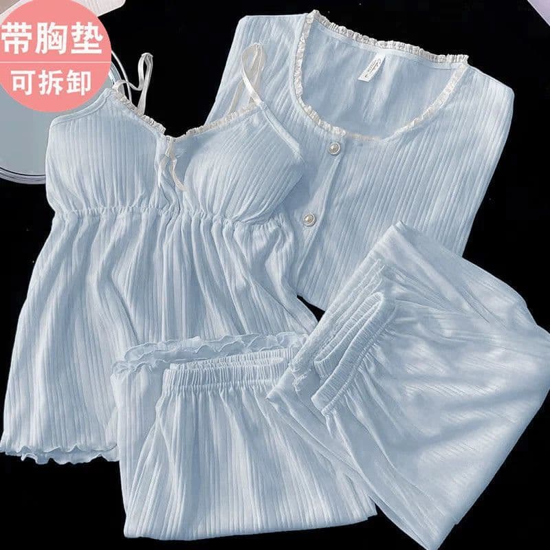 Women's Spring and Summer Lace Pajama Set with Built-in Bra, Thin, Plus Size, Long Sleeve, Long Pants, Camisole