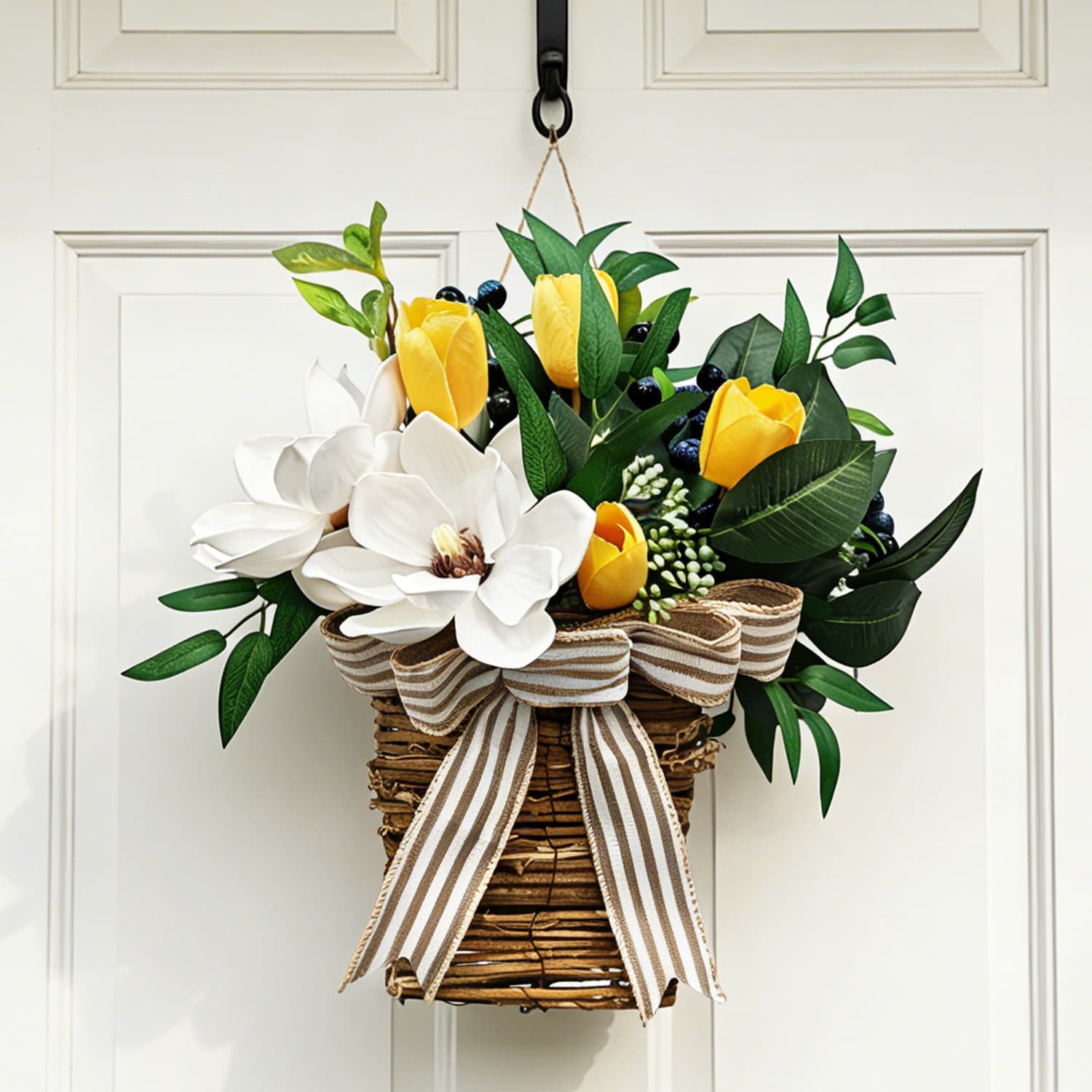 Meimei Amazon Spring Front Door Flower Basket Artificial Magnolia Tulip Decoration Farmhouse Home Wall Door Decoration
