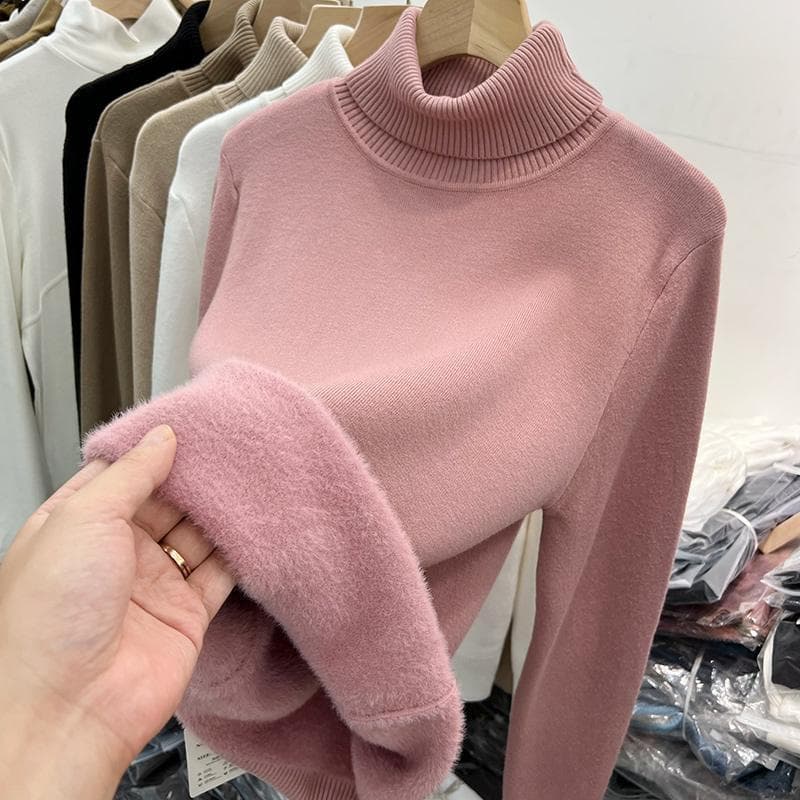 Pink turtleneck sweater for women, autumn and winter 2024 new warm mink all-in-one velvet plus velvet thickened bottoming shirt for women