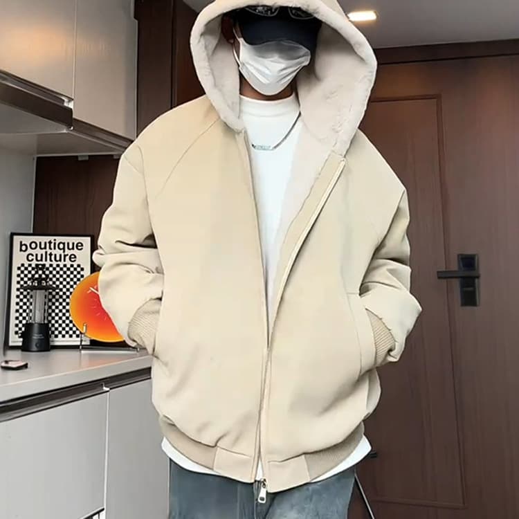 American-style leather jacket with fur collar, men's and women's winter fleece-lined thickened hooded coat, warm workwear cotton-padded coat
