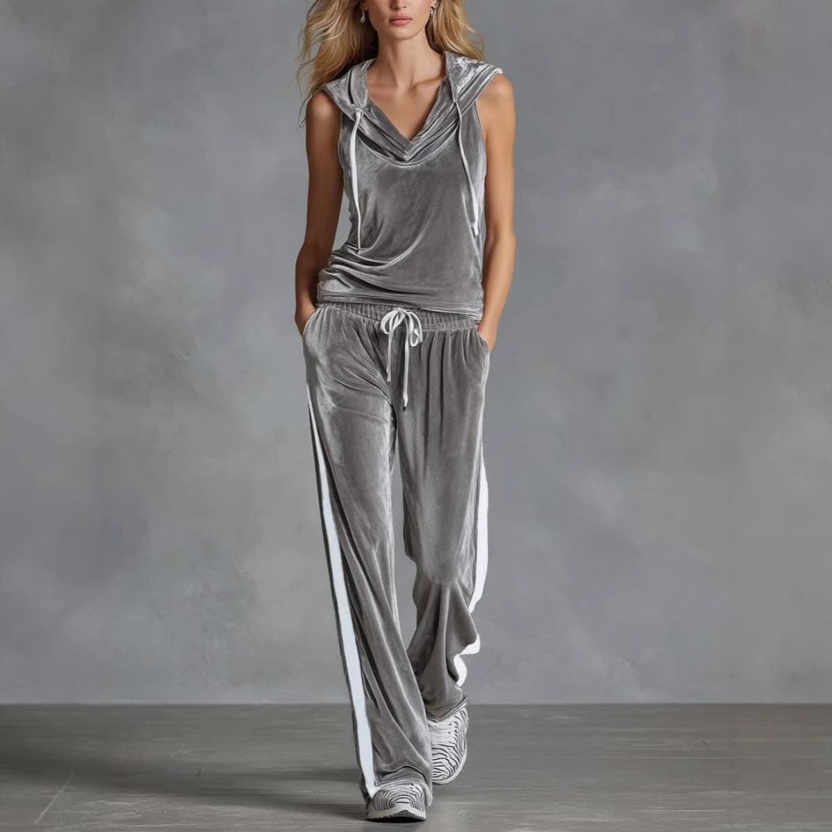 Cross-Border European and American Hot-Selling Women's Casual Comfortable Sleeveless Fashion Set with Hooded Vest and Long Pants, Velvet Two-Piece Set