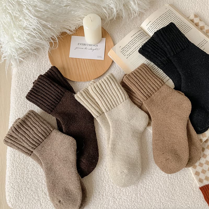 Women's wool mid-calf socks, winter thickened Maillard terry fleece-lined snow socks, warm cashmere short socks