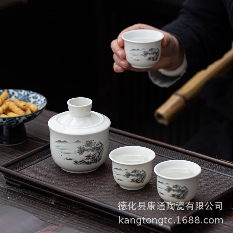 Jingdezhen Ceramic Warm Wine Pot Set, Heated Sake/Wine Warmer with Two-Ounce Cups, Home Liquor Set Gift