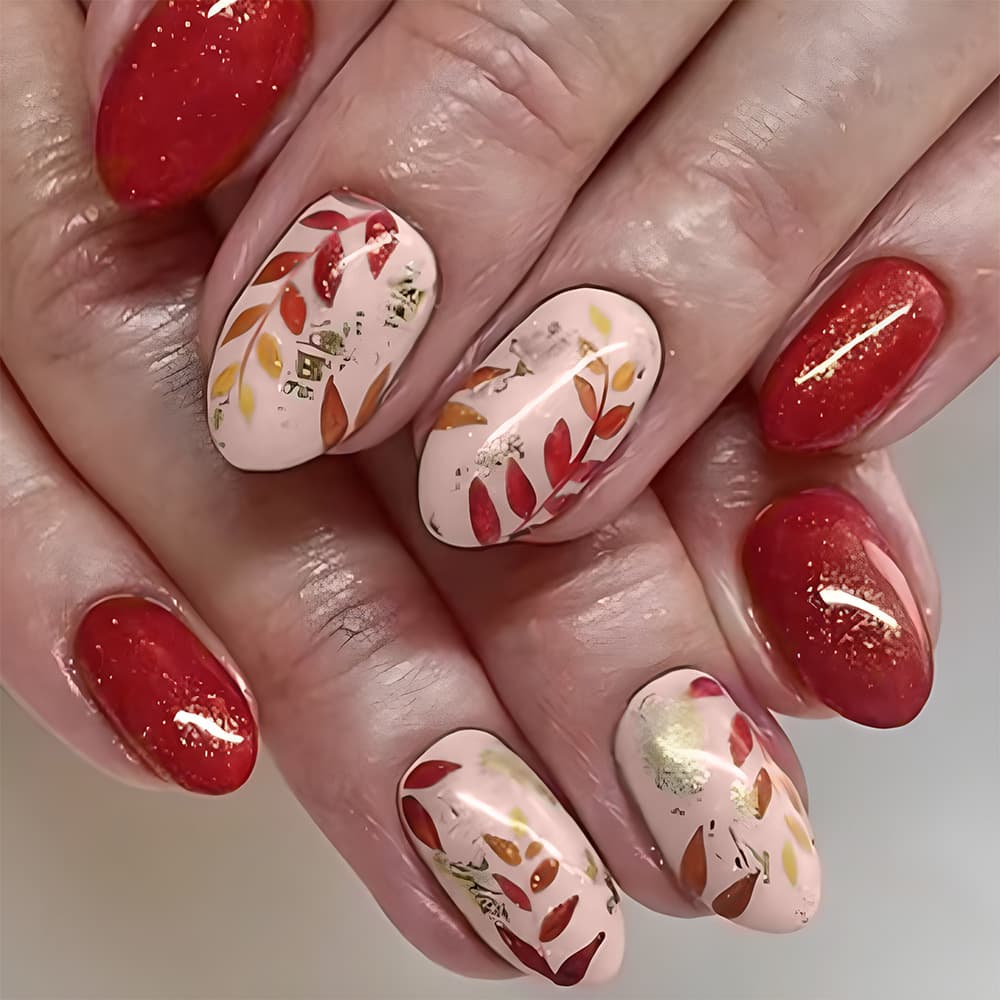 Short Glossy Almond Autumn Winter Wearable Sweet Nail Art Leaf Versatile Fake Nail Set Ins Nail Art 24 Pieces