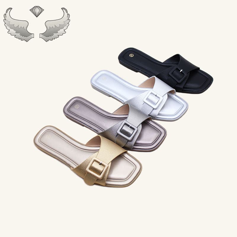 American cross-border women's flat slippers summer outer wear buckle square toe casual slippers Fashion Slippers