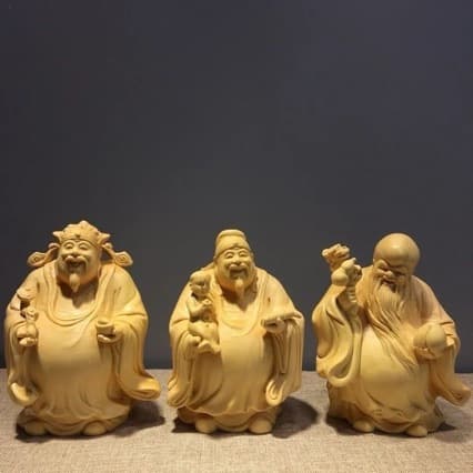 Fulu Shou Three Star Blessing Cypress Solid Wood Carving Craft Wealth God Longevity Star Fortune Star Home Traditional Decorative Ornament