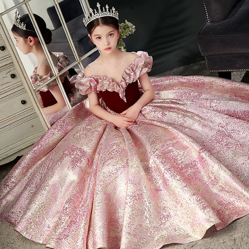 New Burgundy Children's Host Puffy Dress for Runway, Birthday, Piano Performance, Princess Dress for Girls, Vintage Gown