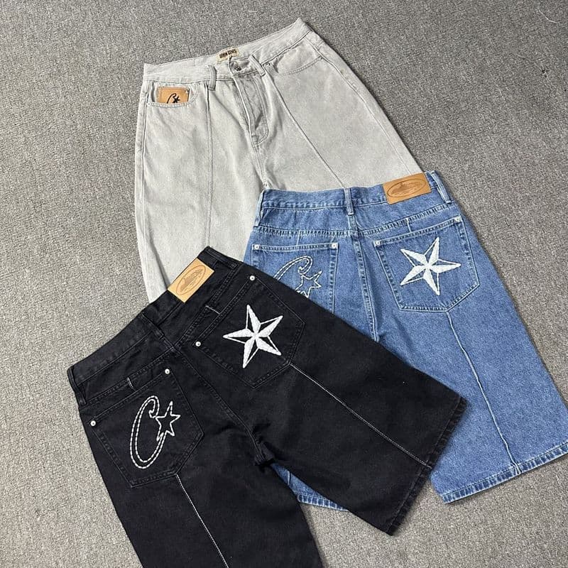 Cross-Border Corteiz Alcatraz Jeans Star Embroidery Jacket High Street Vintage Washed Shorts Five-Point Pants Trend