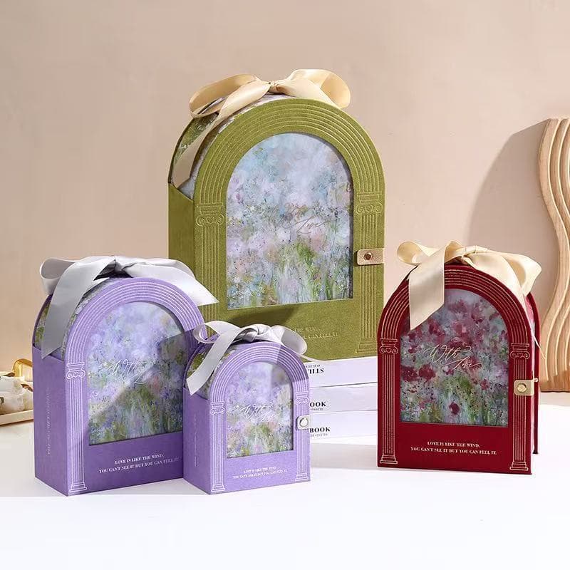 Monet Floral Ribbon Handle Arch Round Gift Box Premium Printed Pattern Candy Box Wedding Favor Empty Box