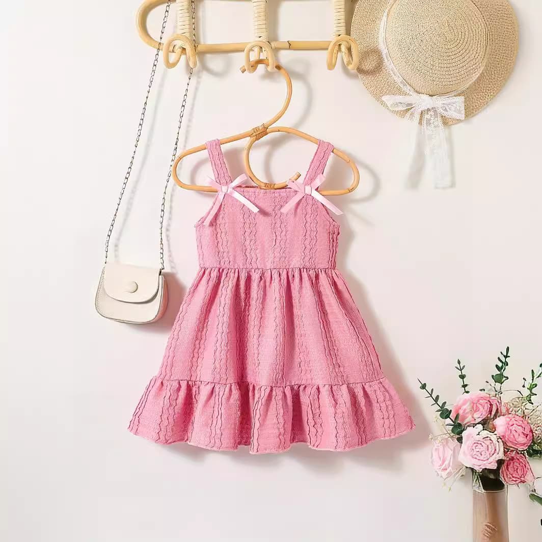 2024 Summer New Trendy Cute Baby Girl Textured Fabric Bow Pink Strap Dress