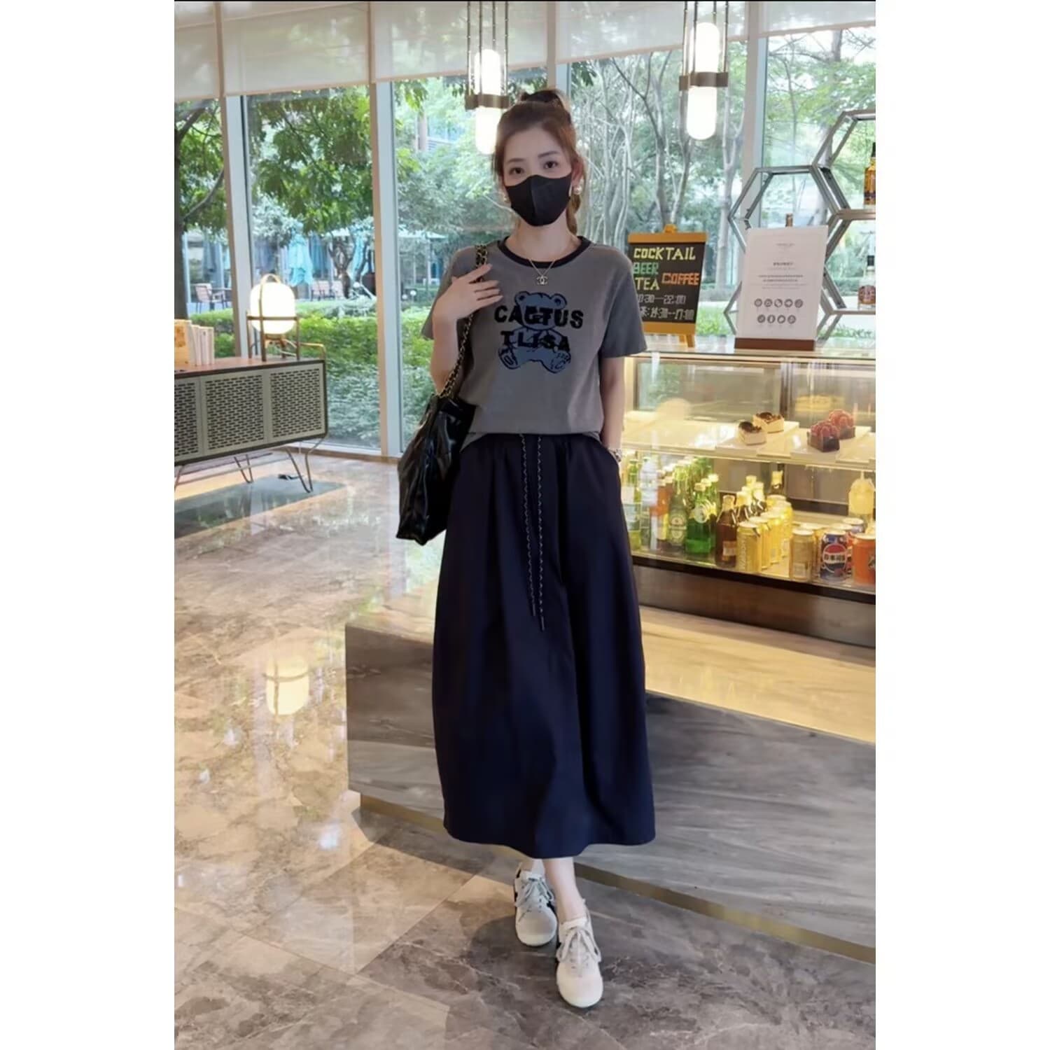 Women's Summer Fashion Casual Two-Piece Set: Cartoon Bear Print Short Sleeve T-Shirt and Skirt