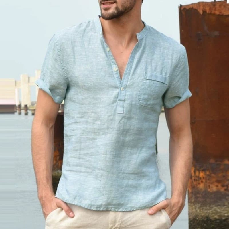 2026 Summer New Arrival European and American Cotton Short-Sleeve Shirt, Stand-Up Collar Cotton-Linen Men's Shirt, Factory Direct Sales