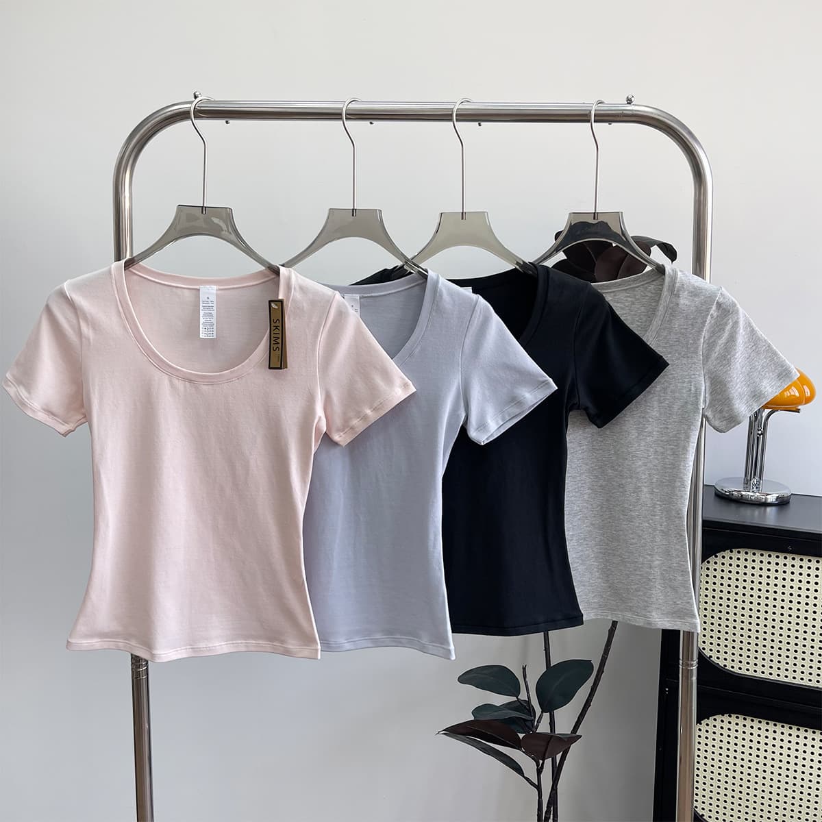 Skims same style Cotton Jersey women's U-neck short-sleeved T-shirt slimming slim low-neck temperament solid color top