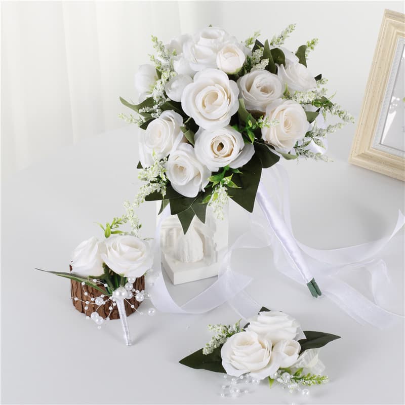 Cross-border Amazon Wedding Bride Eucalyptus White Champagne Artificial Rose Hand Bouquet Wrist Corsage Boutonniere