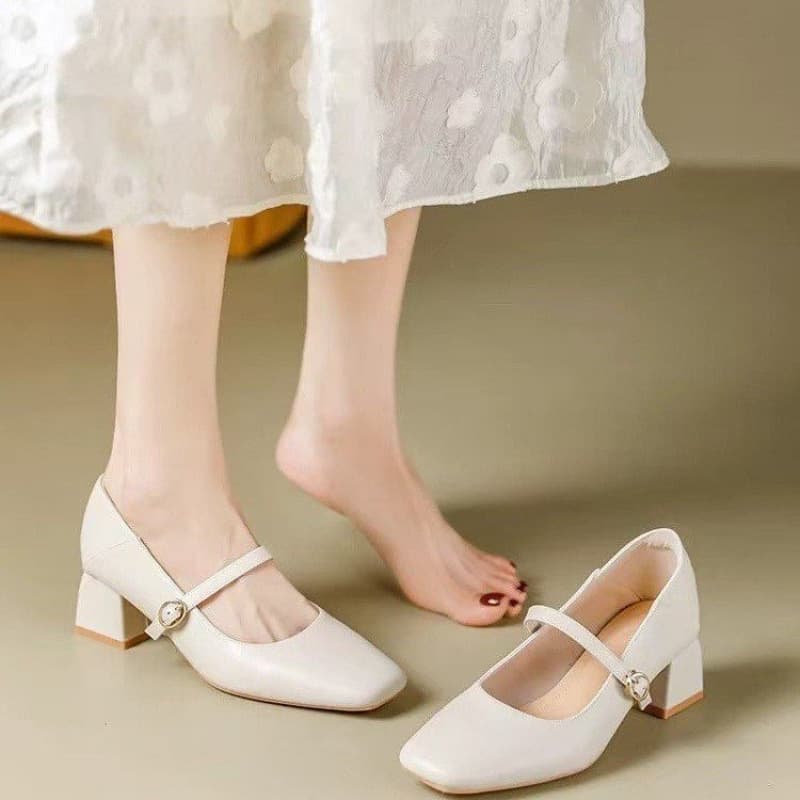 Leather French High Heel White Mary Jane Shoes Work Strap Dress Qipao Shoes Leather Shoes Small Size Women's Shoes