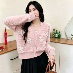 Chanel-style Sweet Bowknot Faux Angora Knit Cardigan for Women Autumn/Winter Elegant Unique Sweater Outerwear Trendy