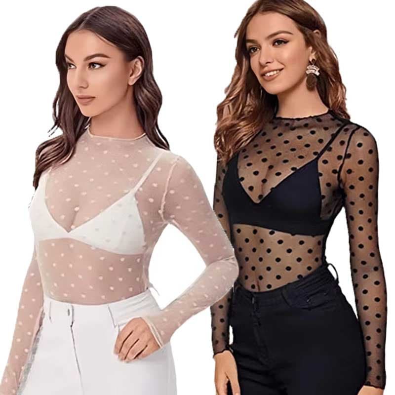 2025 New Amazon Hot Girl See-Through Mesh Top Hot Girl Polka Dot Mesh Elastic Blouse Top T-Shirt Now H