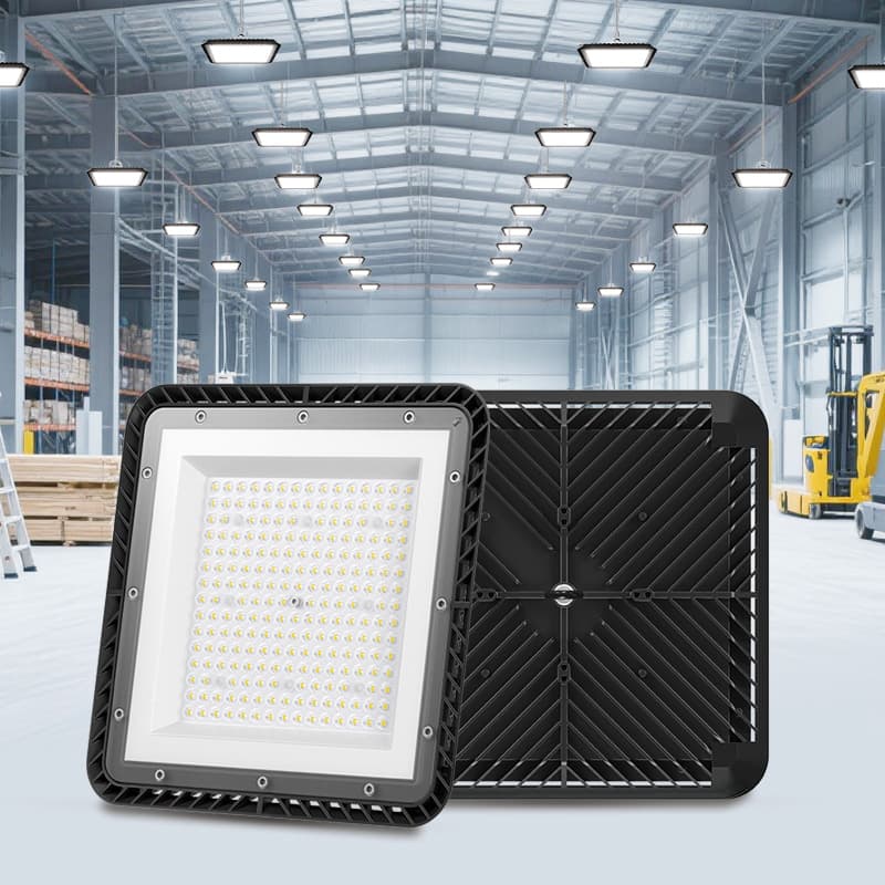 New square LED linear high-bay ceiling light for warehouses, garages, factories, and other industrial and mining applications.
