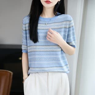 Fine Worsted Wool Round Neck Knitwear Short Sleeve Women Color Block Jacquard Base Layer 2026 Spring/Summer New Vintage T-Shirt