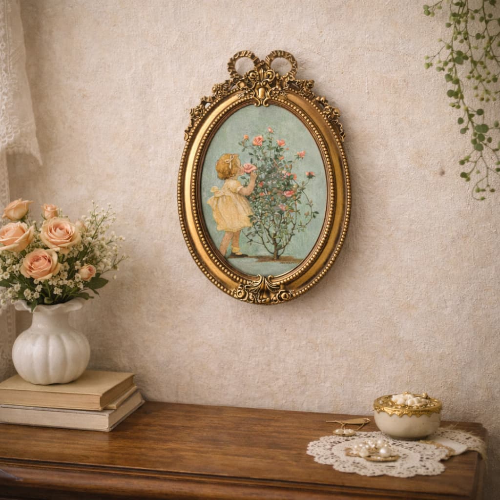 European-style desktop bow vintage decorative painting oil painting frame tabletop for bedroom living room round picture frame