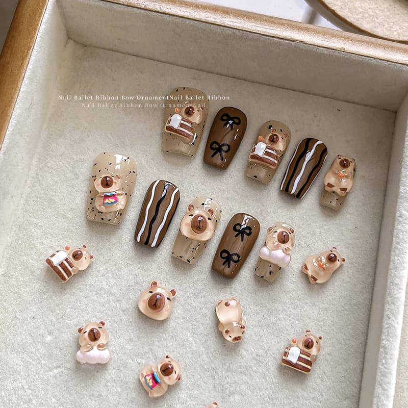 Maillard Bear Nail Art Charms, Capybara Cute Cartoon Resin Rhinestones DIY Brown Bear Nail Decorations