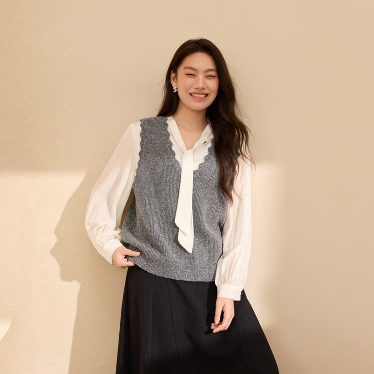 [Layered Vest] Trendy wavy-hemmed sequined top, perfect for plus-size women, new winter wear.