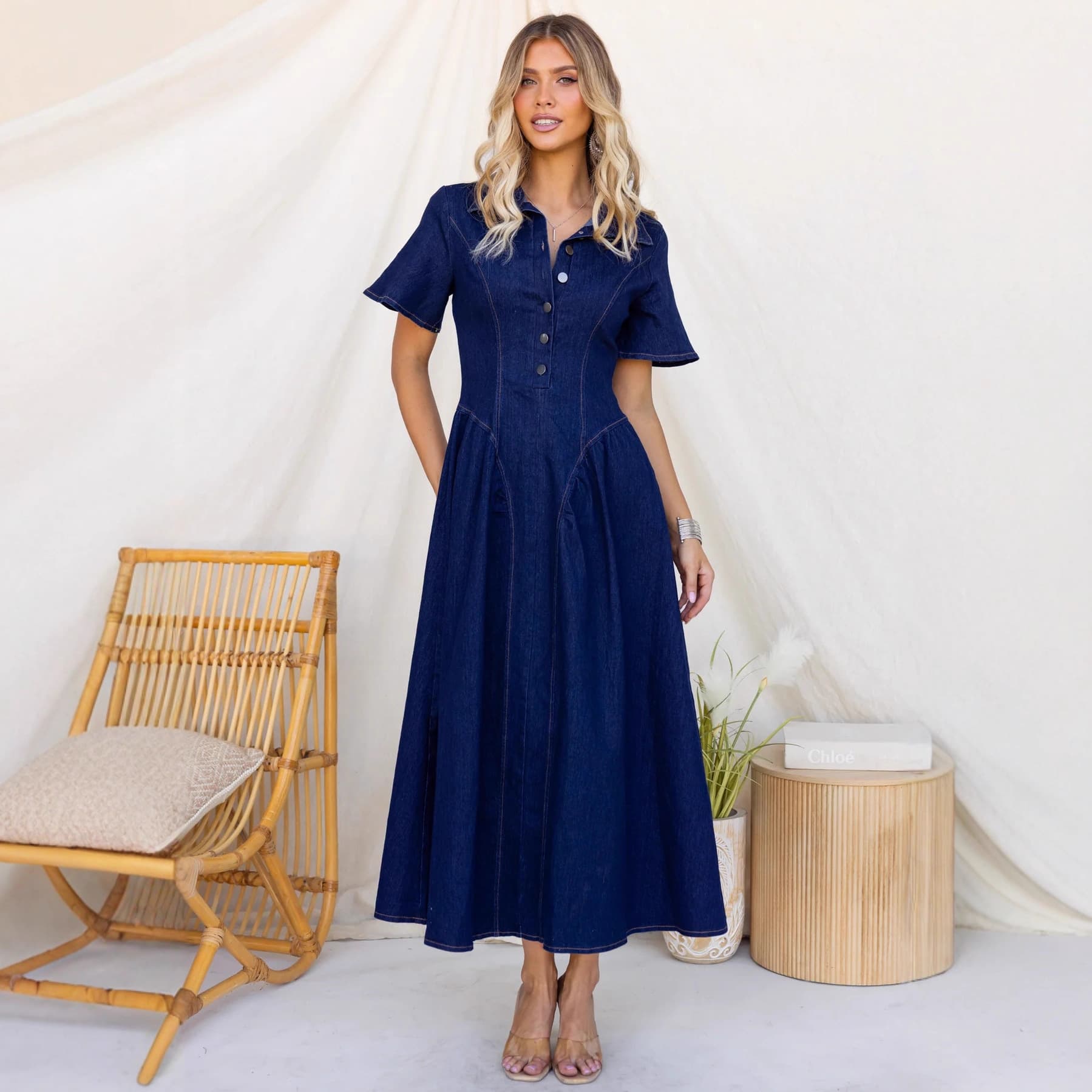 Amazon European and American cross-border spring elegant waisted women's denim short-sleeved A-line dress 89285