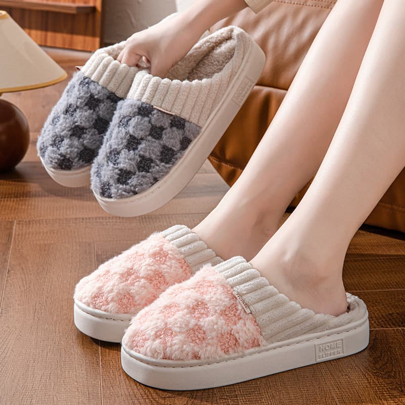 Unisex Couple Indoor/Outdoor Home Wood Floor Autumn/Winter Corduroy Warm Cotton Slippers with Heel Cover, Plaid Patchwork