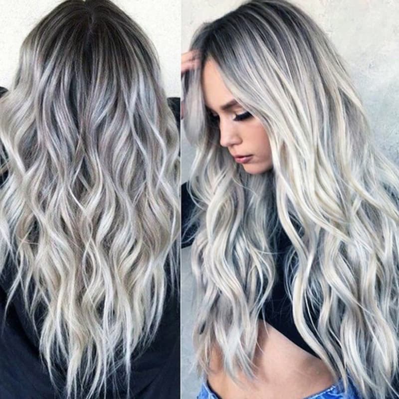 New European and American Bleached Middle Part Long Curly Wig COS Gray Gradient Anime Wig New Women's Synthetic Hair Cap