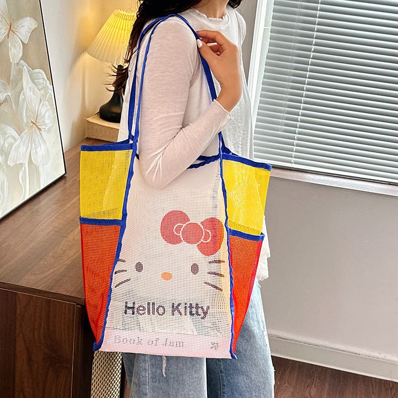 Japanese cute mesh bag cartoon contrasting color environmental protection bag large capacity cat handbag lightweight foldable storage bag