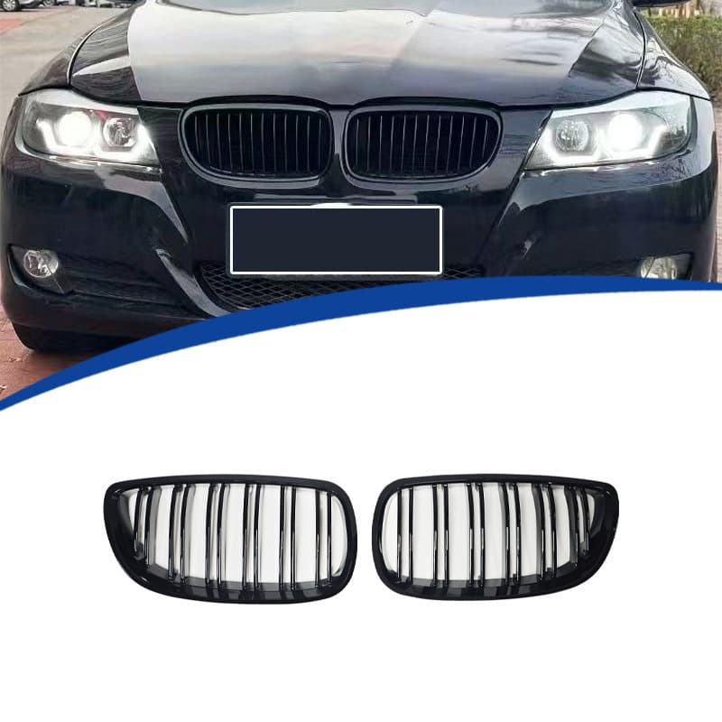 Fits 2006-2009 E92 Pre-LCI Double Slat Gloss Black Grille ABS OEM Replacement