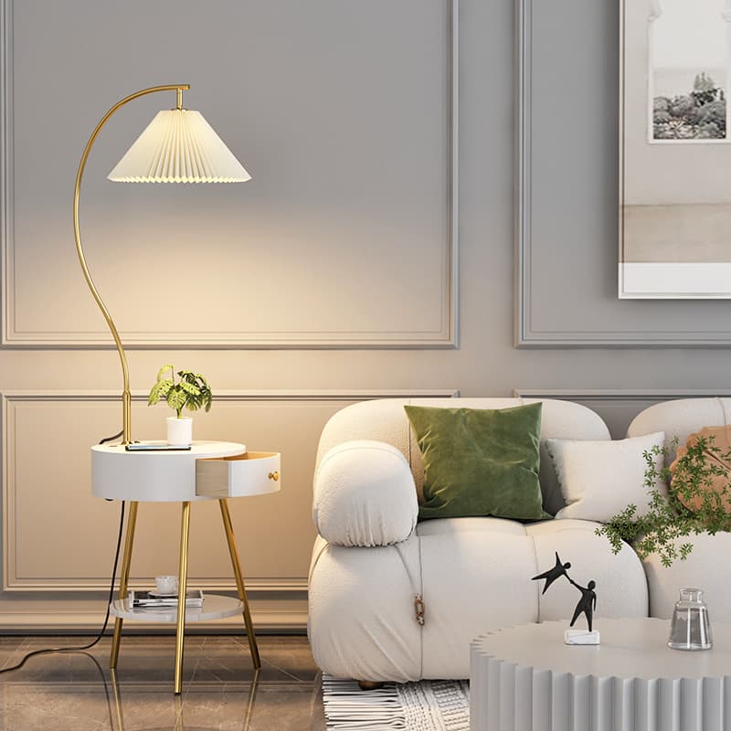 Pleated Floor Lamp Side Table with Storage Shelf, Wireless Charging, Dimmable, Modern Minimalist for Bedroom