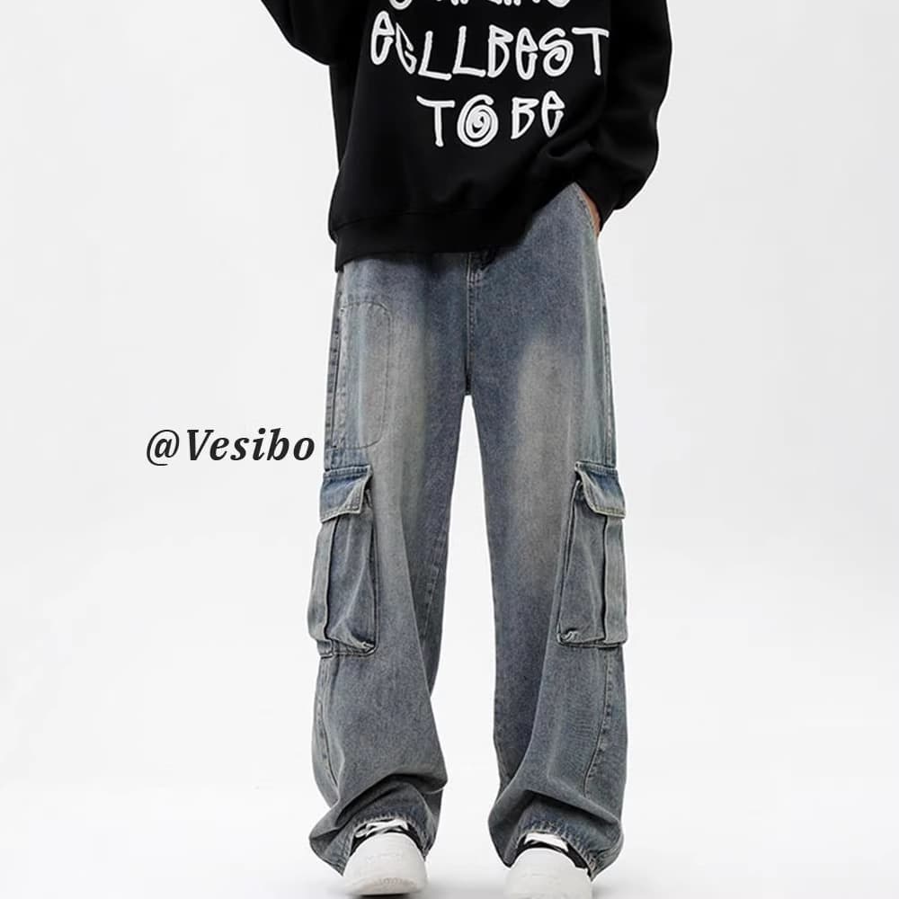 Cargo jeans men's spring American retro washed wide-leg pants multi-pocket loose straight casual trousers
