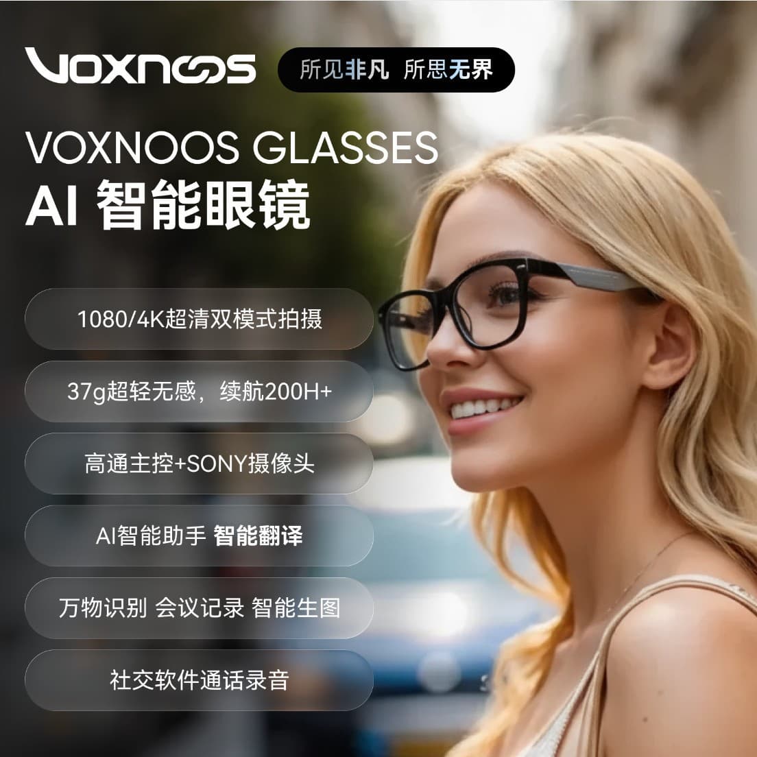 AI Smart Camera Glasses, 4K Recording, Call Translation, Audio Recording, Large Model Image Recognition, Voxnoos G01