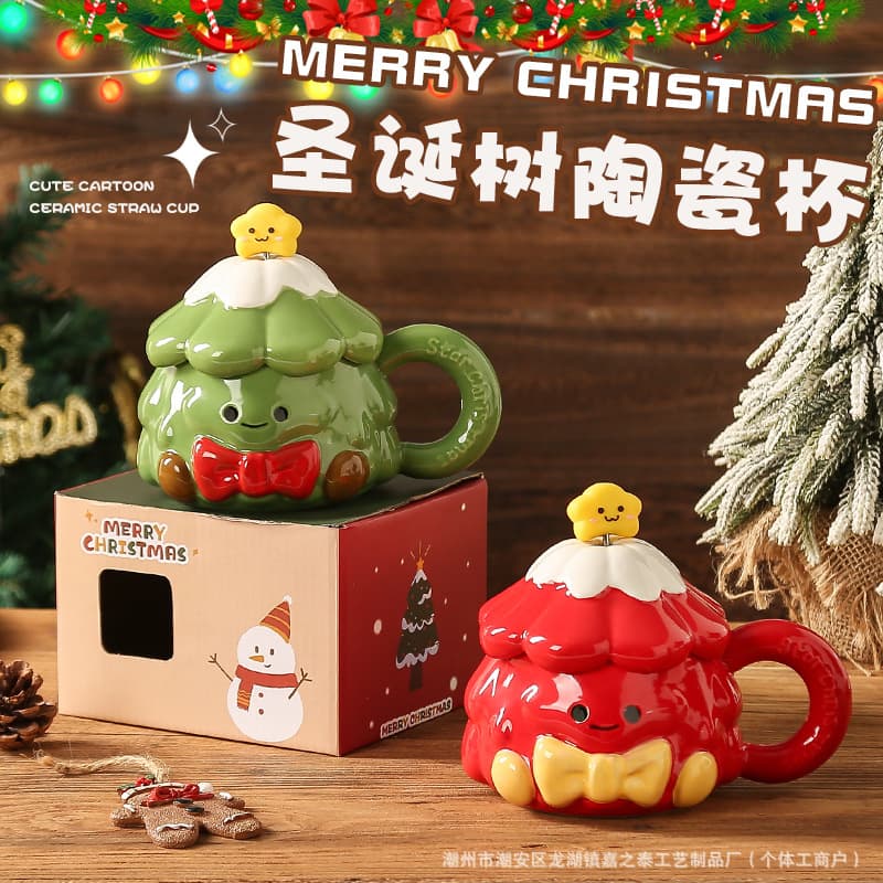 Christmas Tree Ceramic Mug with Lid and Spoon Creative Santa Claus Cup Gift for Bestie Christmas Souvenir