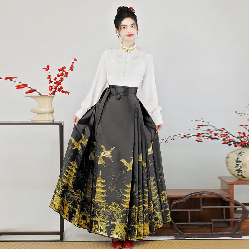 New Chinese style heavy industry embroidery gold woven horse skirt Chinese style women's clothing plain top Hanfu suit