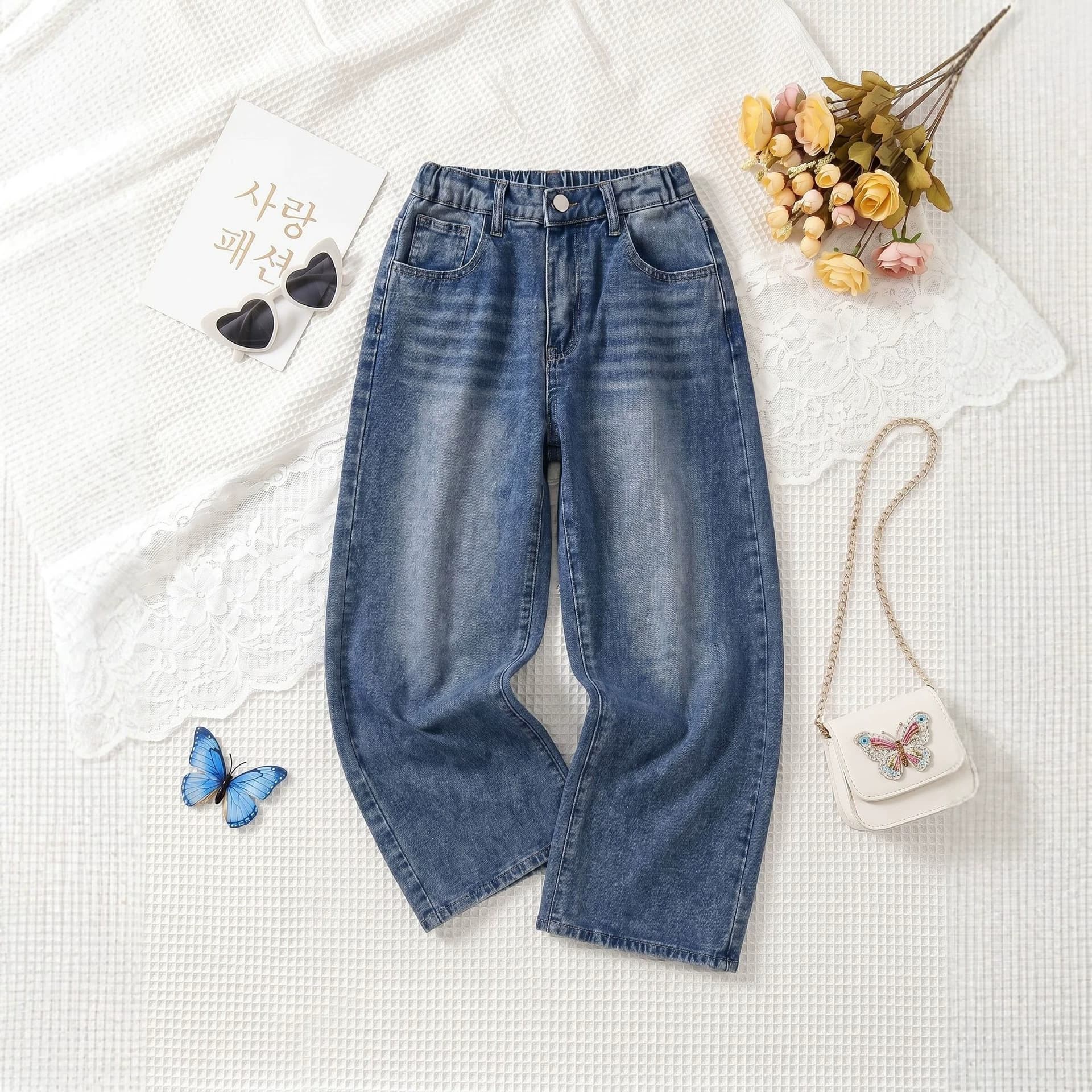 Teen High Waist Denim Wide Leg Pants, Unisex Versatile Washed Straight Leg Pants, Casual Long Pants Children's Jeans