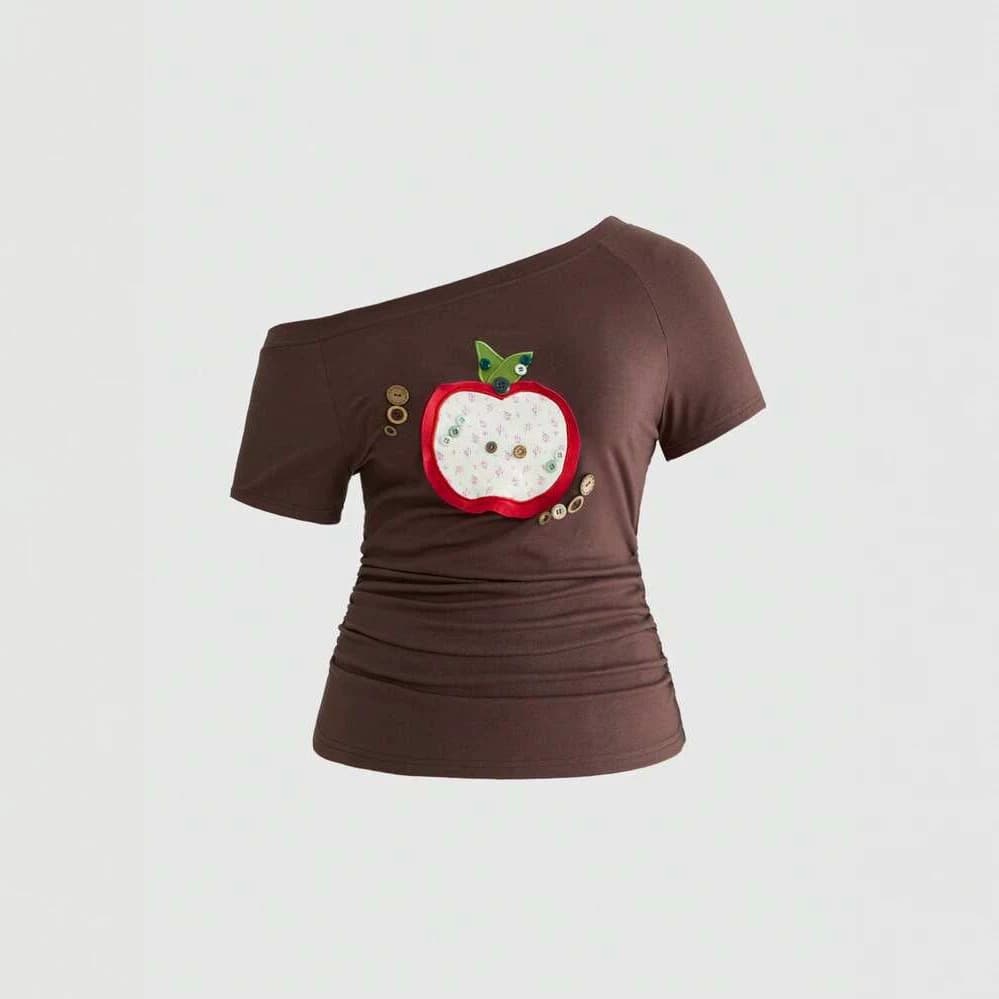 Summer women's short-sleeved slanted shoulder sexy brown women's short top Y2K cross-border wholesale foreign trade versatile T-shirt