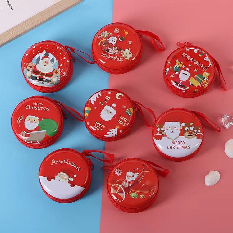New Tinplate Coin Purse Christmas Round Zipper Bag Cartoon Student Coin Key Storage Bag Headphone Case