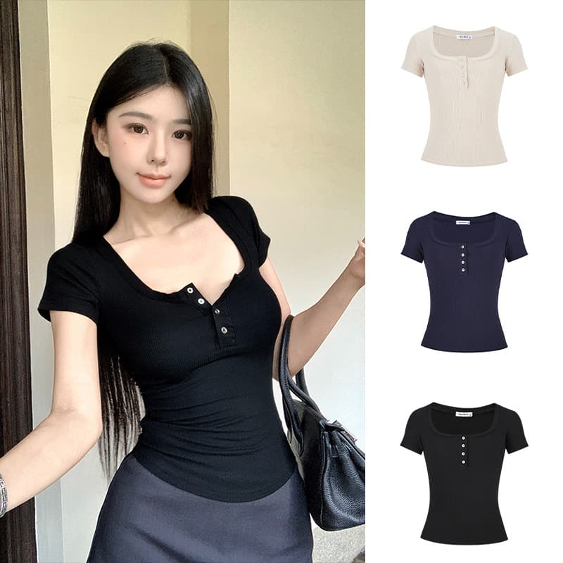 Sweet and Spicy Sexy Low-Cut Short T-Shirt for Women, Summer Square Neck Top