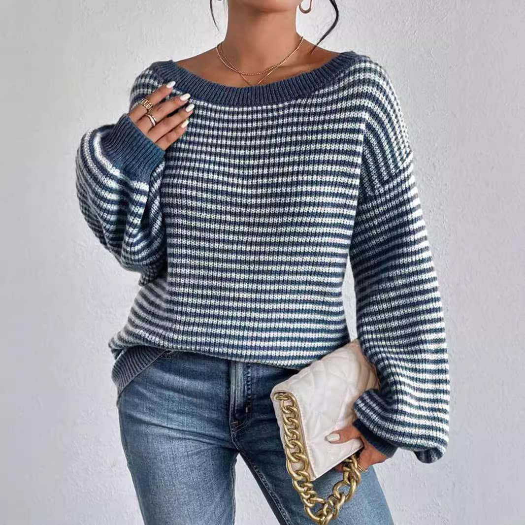 Versatile Knitted Top Cross-Border Amazon One-Row Neck Lace-Up Style Sweater Loose Fit Color Blocking Striped Lantern Sleeve Idl