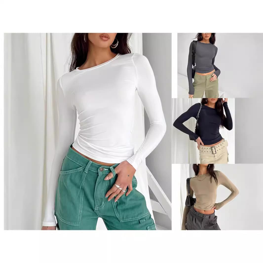Slim Fit T-Shirt Round Neck Long Sleeve Irregular Base Layer Top Street Style Milk Silk Polyester Autumn Fashion for Women